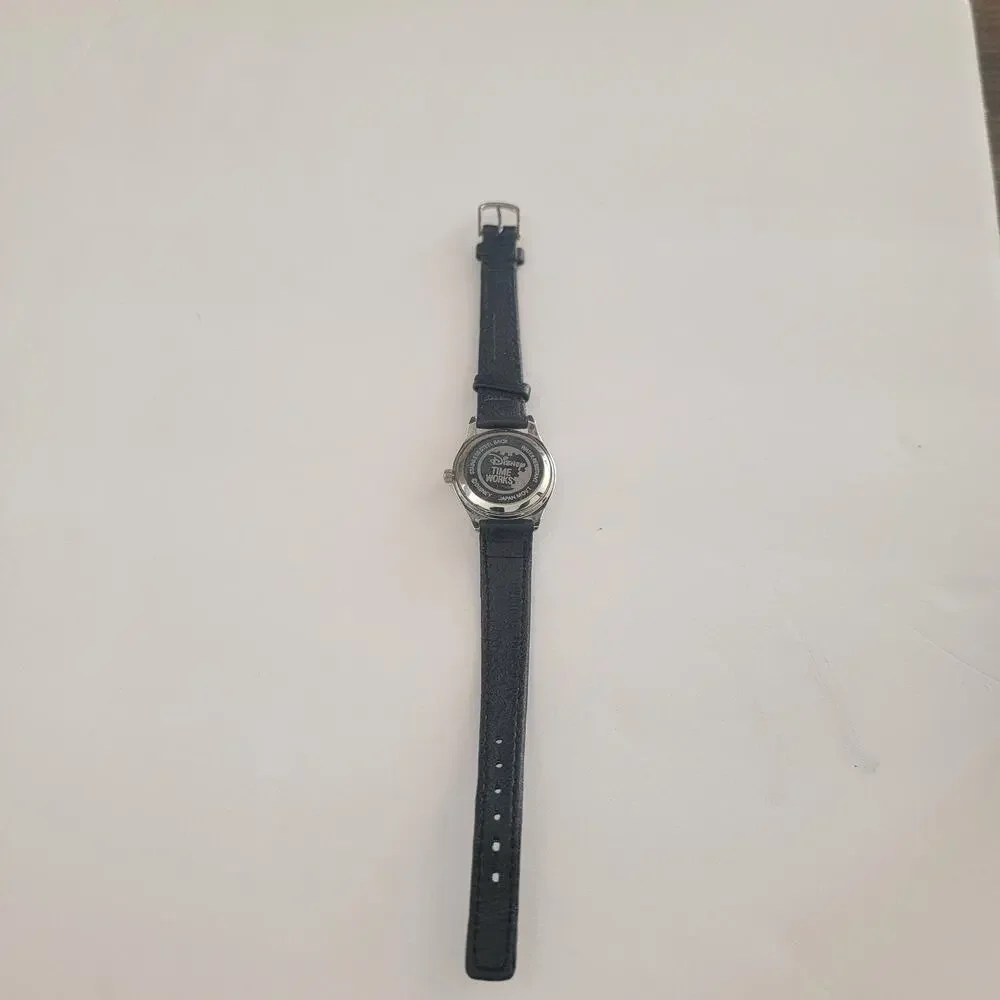 Disney Womens Watch White Dial Silver Case Black Leather Strap Quartz Analog